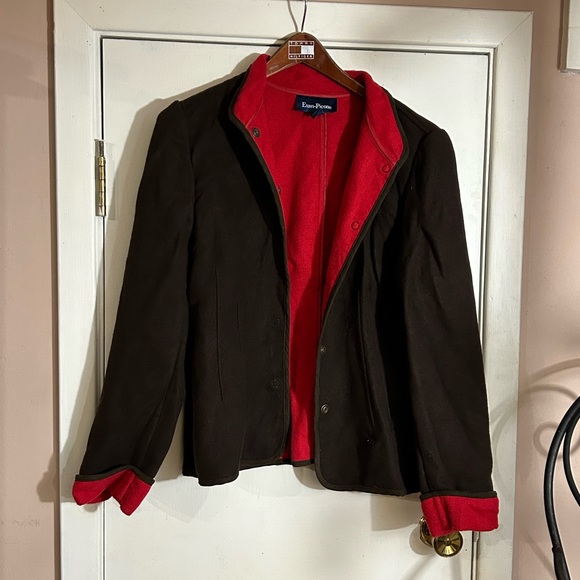 Evan Picone wool blend jacket Size 10 brown w red accents lining military look - Picture 5 of 9